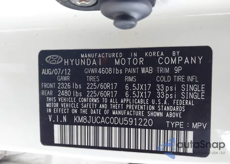 2013 Hyundai Tucson Gls z USA, uszkodzony, nr VIN KM8JUCAC0DU591220